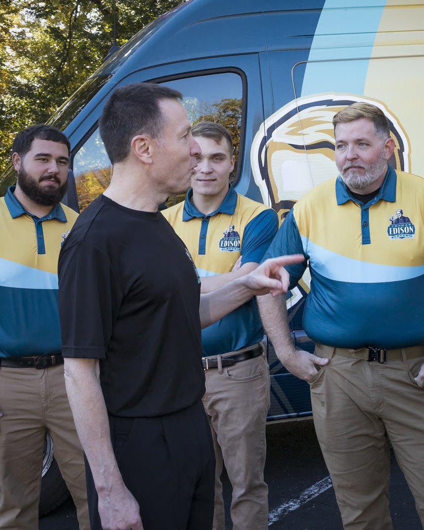 Joe White, CEO and Master Electrician, briefing the crew